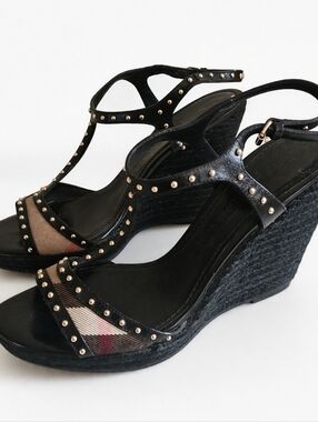 Burberry Beige/Black Check Leather and Canvas Espadrille Wedge Sandals Size 39.5